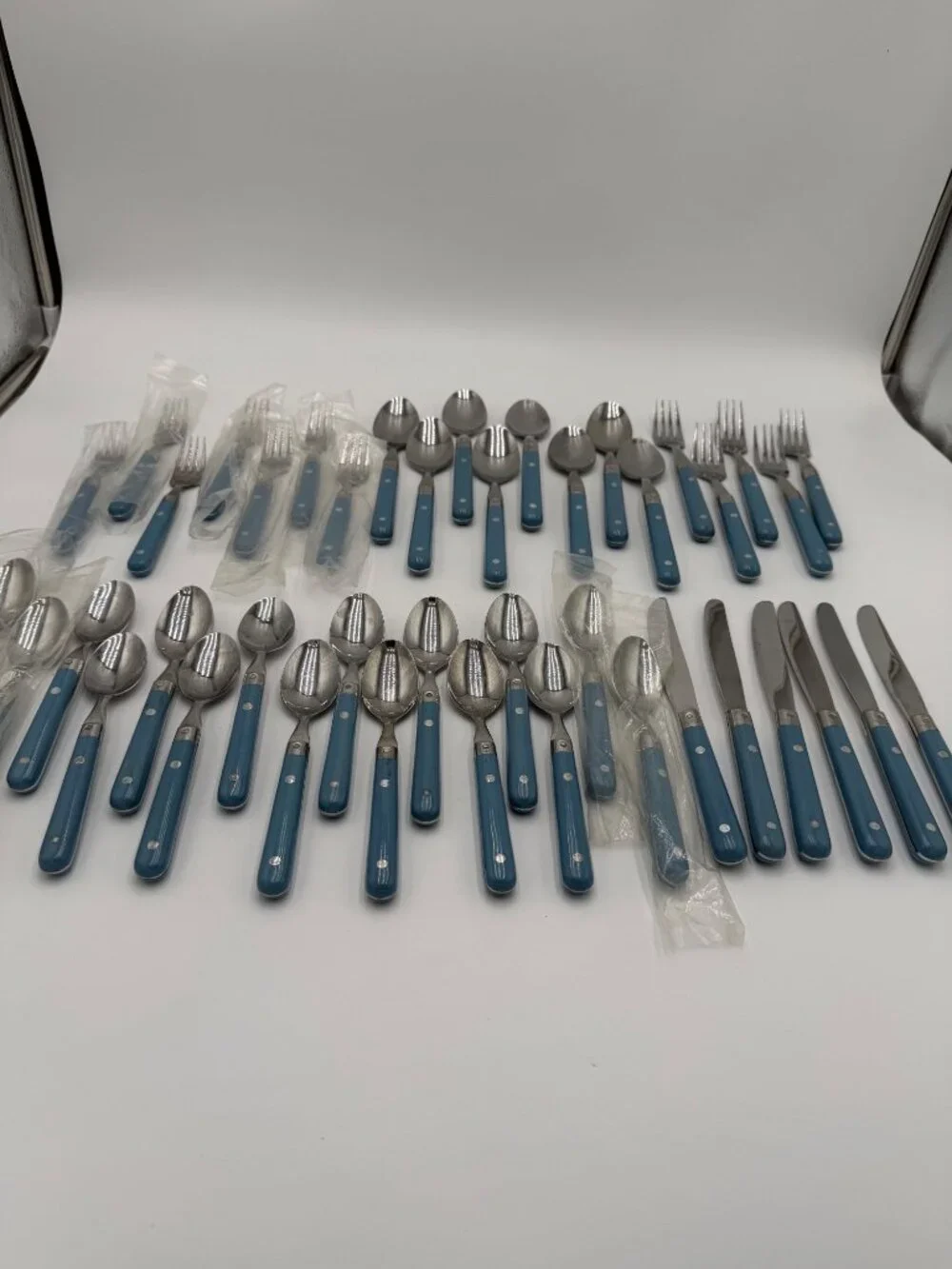 Vintage Stainless Steel Flatware Set Blue Handles 42Pcs Made Korea Cottagecore